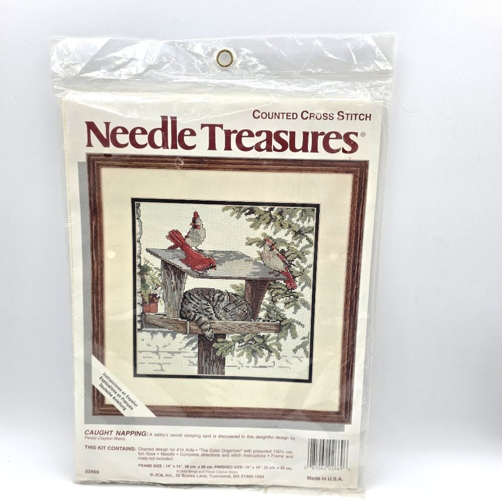 Needle Treasures Caught Napping Cat in Bird Feeder Cardinal Counted Cross Stitch